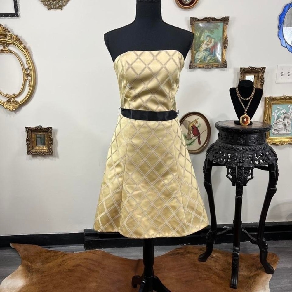 Vintage Jessica McClintock Gold Strapless Fit & Flare Dress Satin Ribbon Waist